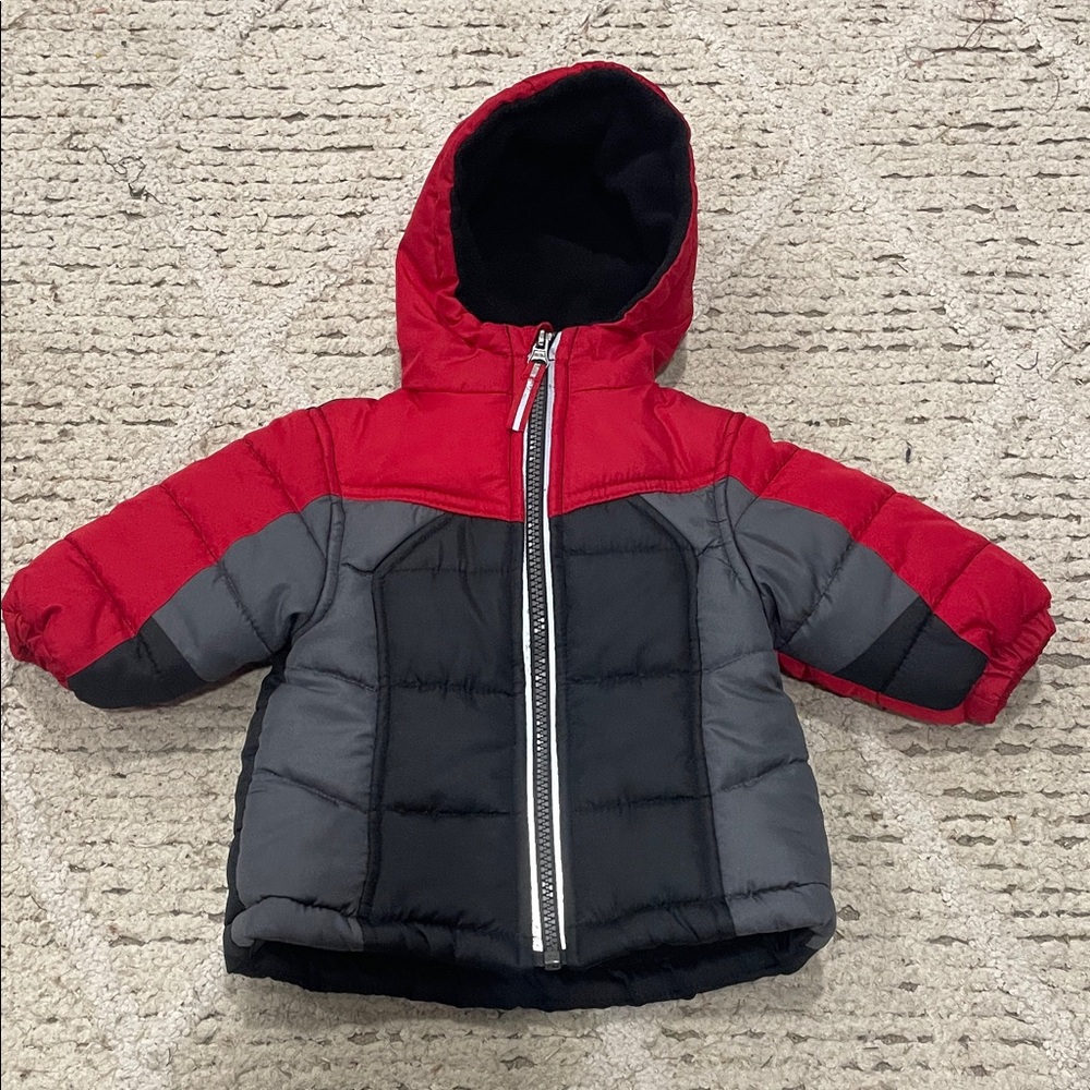 Red and Gray Hooded Puffer fleece Jacket size 9months